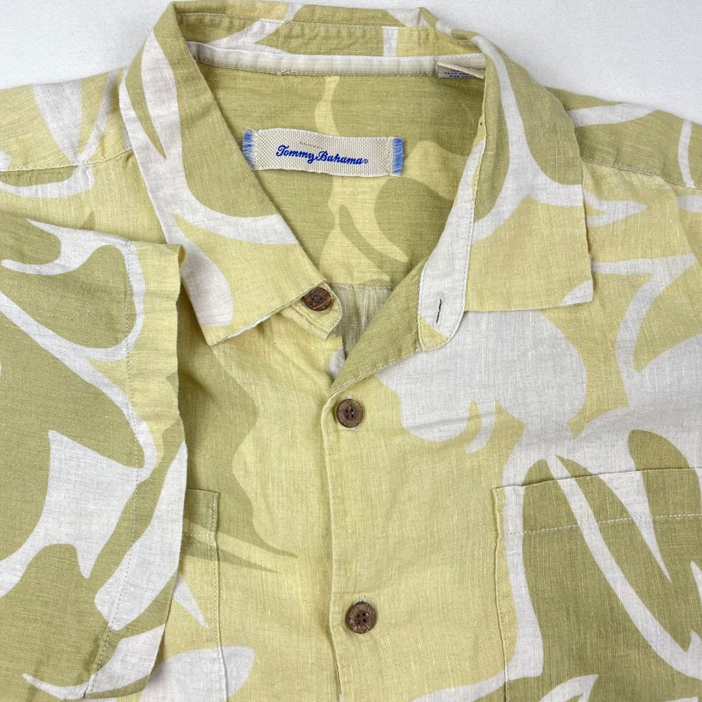 Tommy Bahama Mens XL Linen Tropical Floral Camp Shirt Green White Short Sleeve